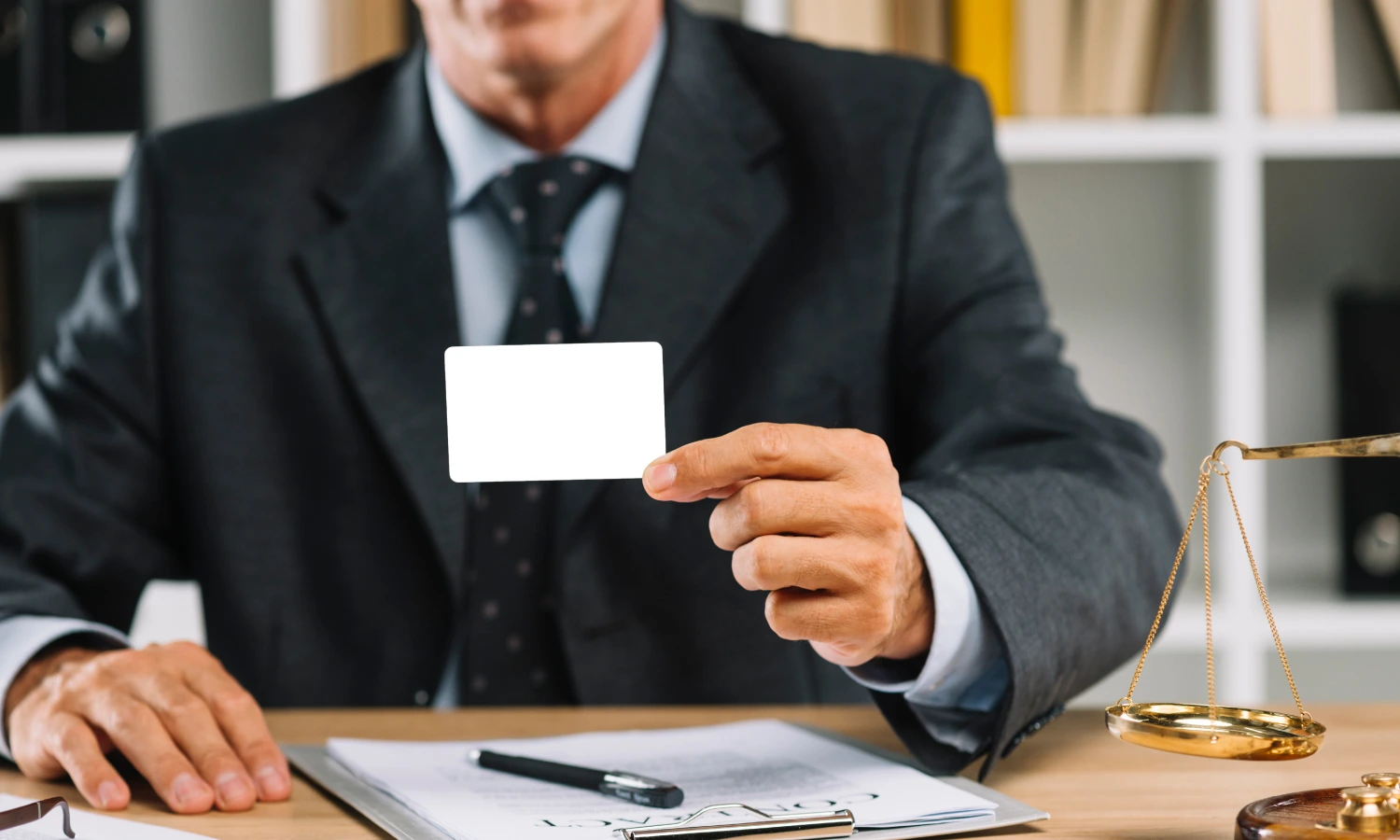 Businessperson in a suit holding a blank white card over a desk with legal documents and a scales of justice nearby.