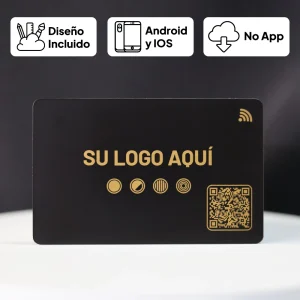 Black business card mockup with placeholder text 'SU LOGO AQUÍ', gold circular icons, and a QR code bottom-right