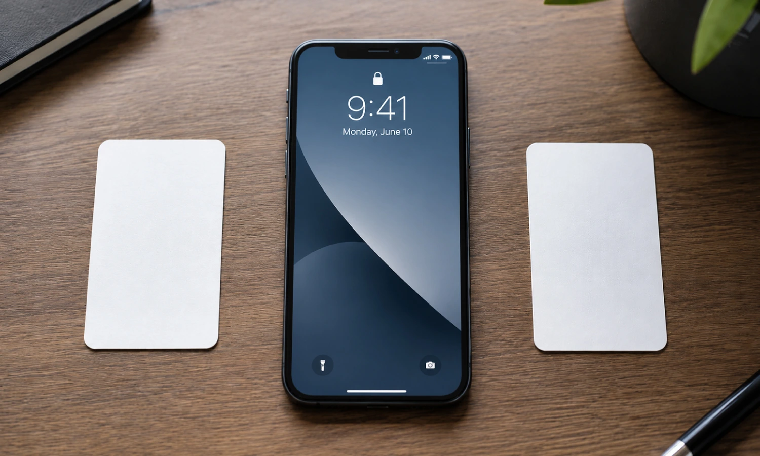 Smartphone on a wooden desk between two blank white cards, showing a locked screen at 9:41 with date Monday, June 10.